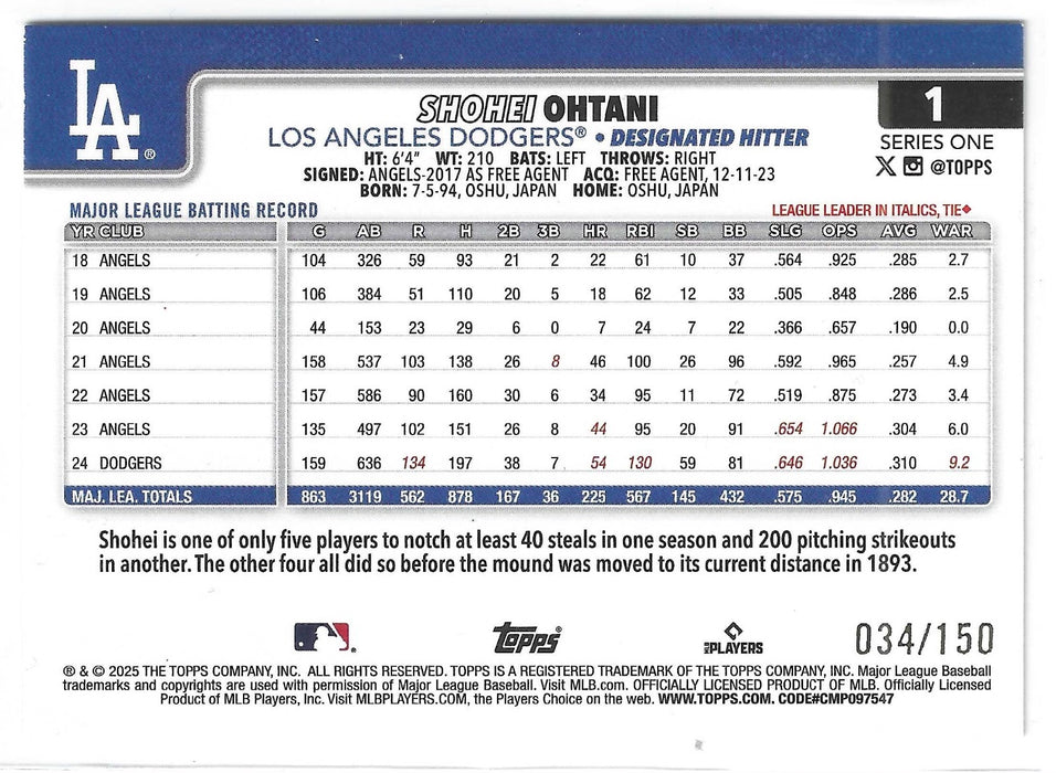 2025 Topps Shohei Ohtani #1 Blue Foil /150 SP