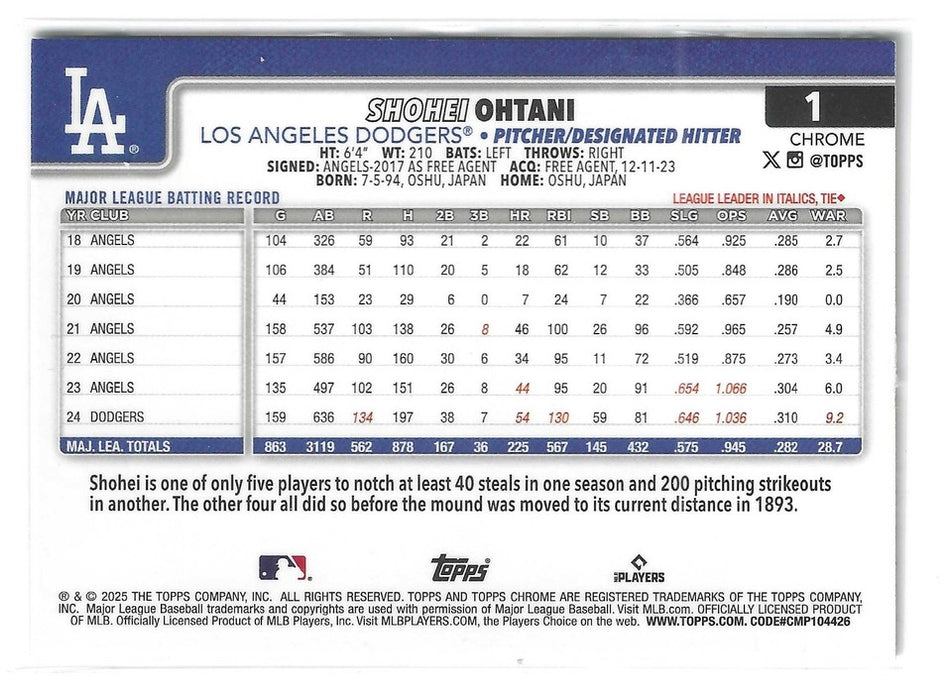 2025 Topps Chrome Shohei Ohtani #1 Green Refractor /99 SP