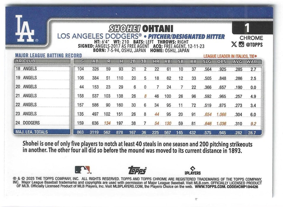 2025 Topps Chrome Shohei Ohtani #1 Blue Lava Refractor /150 SP COLOR MATCH