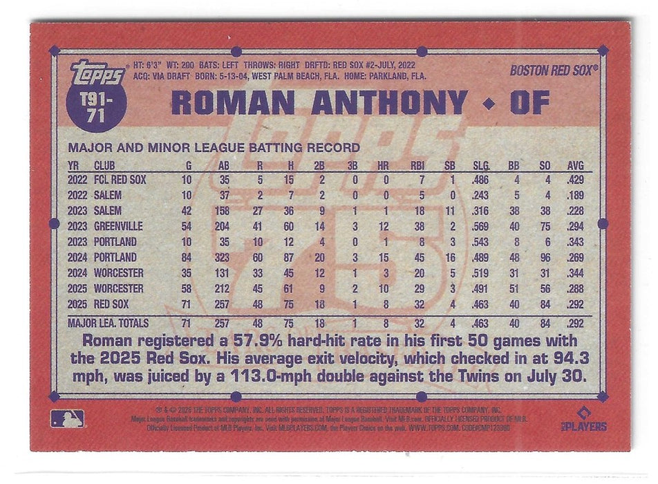 2026 Topps Roman Anthony #T91-71 1991 Orange RC Rookie /25 SSP