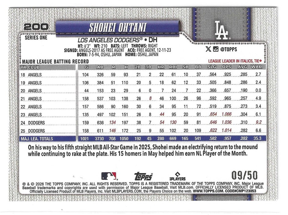 2026 Topps Shohei Ohtani #200 Gold Foil /50 SSP