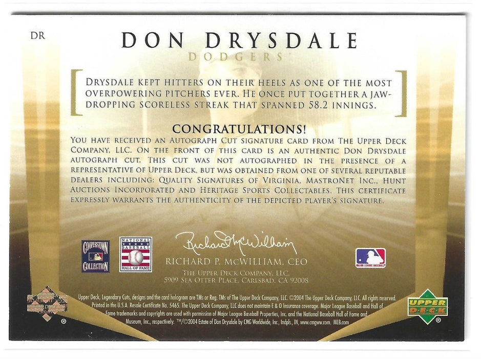 2004 SP Legendary Cuts Don Drysdale #DR Cut Auto /66 SP