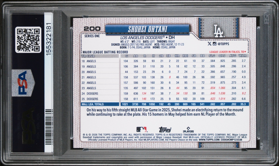2026 Topps Series 1 Shohei Ohtani #200 Player Number Variation /17 SSP PSA 8.5