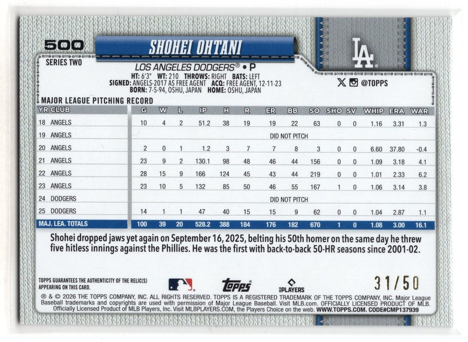 2026 Topps Series 2 Shohei Ohtani #500 Gold Foil Patch /50