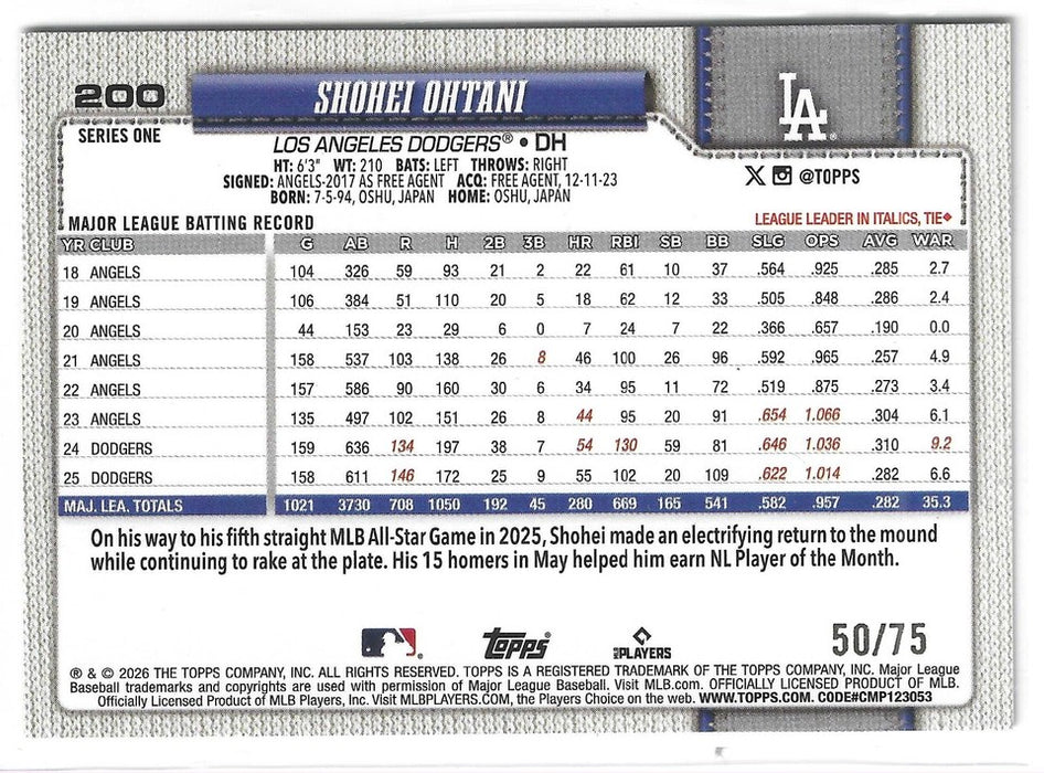 2026 Topps Series 1 Shohei Ohtani #200 Black Parallel /75 SP