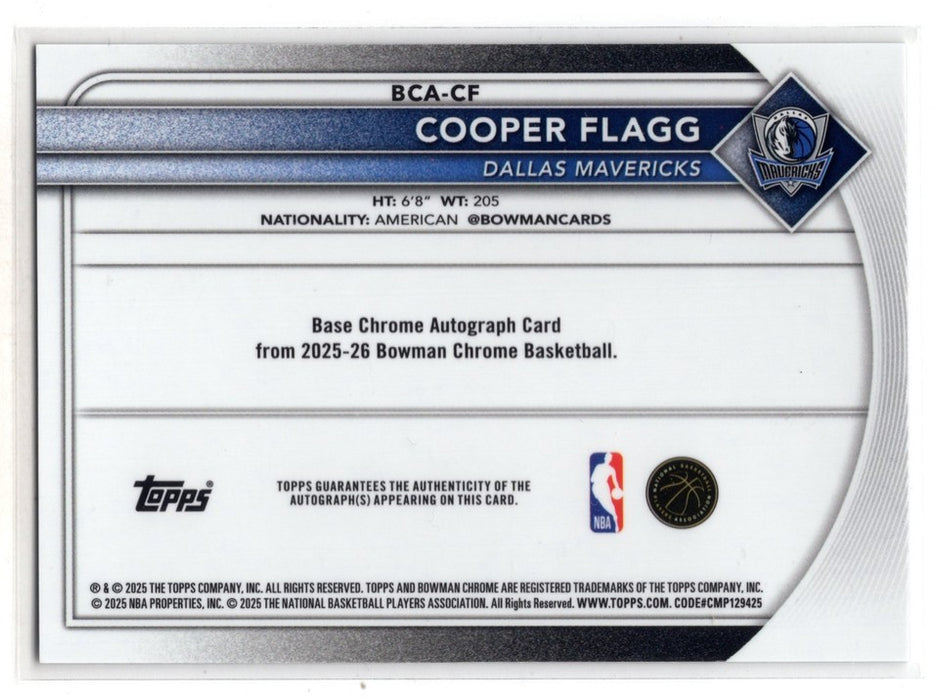 2025-26 Bowman Chrome Cooper Flagg #BCA-CF Speckle Refractor RC Rookie Auto /229 SP9