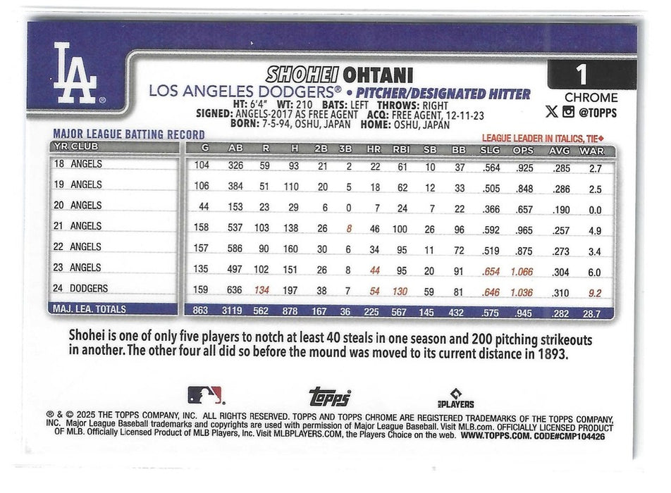 2025 Topps Chrome Shohei Ohtani #1 Blue Raywave Refractor /150 SP