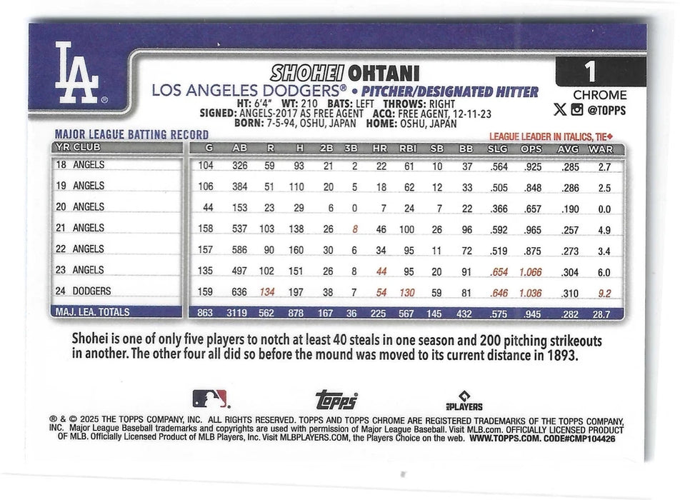2025 Topps Chrome Shohei Ohtani #1 Blue Raywave Refractor /150 SP B