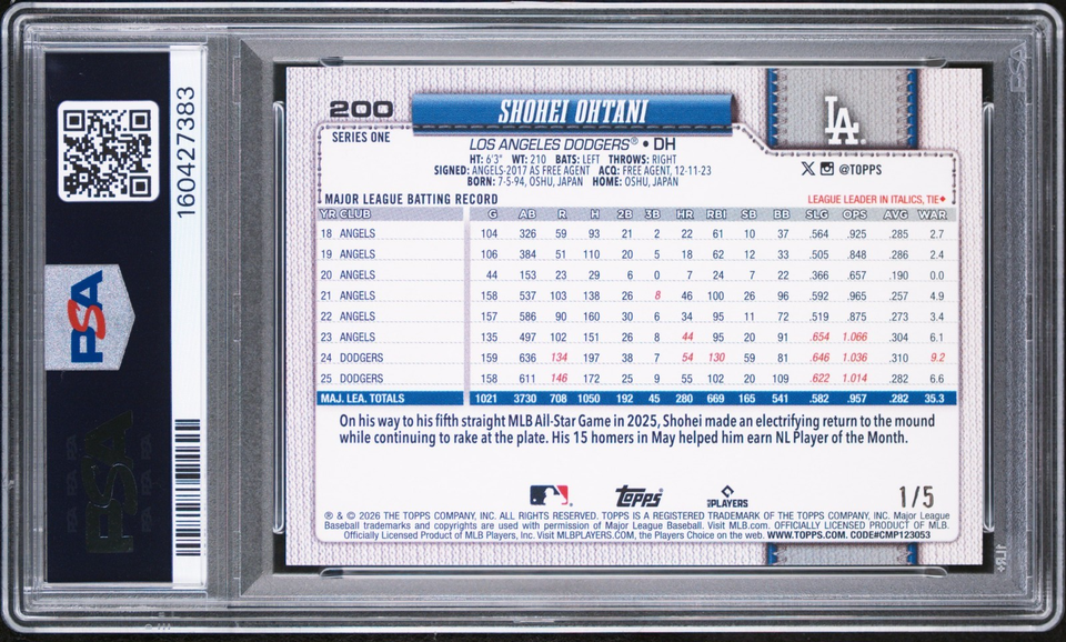 2026 Topps Series 1 Shohei Ohtani #200 Red Sandglitter Foil /5 SSP PSA 9
